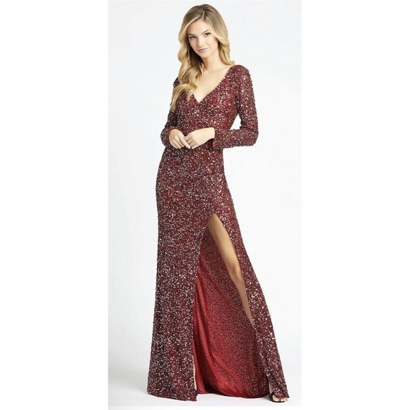 MAC DUGGAL Gown Women’s 6 Red NWT Beaded Sequin Front High Slit V-Neck 4820A - Picture 1 of 13